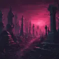 Hyper Detailed illustration of an eerie dystopian graveyard at night, 8k, Gothic and Fantasy, Horror, Epic, Sharp Focus, Deviantart by Alena Aenami, Studio Ghibli