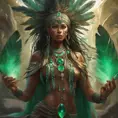 Visionary painting of an alluring mystical tribal goddess surrounded by feathers and emerald gemstones, 8k, Highly Detailed, Intricate, Artstation, Matte Painting, Sharp Focus, Volumetric Lighting, Concept Art by Stanley Artgerm Lau, Greg Rutkowski