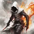 White Assassin emerging from a firey fog of battle, ink splash, Highly Detailed, Vibrant Colors, Ink Art, Fantasy, Dark by Stanley Artgerm Lau