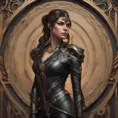 Alluring matte portrait of a beautiful Kassandra wearing black leather, 8k, Highly Detailed, Intricate, Half Body, Realistic, Sharp Focus, Volumetric Lighting, Fantasy, Elegant by Stanley Artgerm Lau, Alphonse Mucha, WLOP, Stefan Kostic