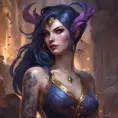 Matte portrait of Morgana from League of Legends with tattoos, 8k, Highly Detailed, Powerful, Alluring, Artstation, Magical, Digital Painting, Photo Realistic, Sharp Focus, Volumetric Lighting, Concept Art by Stanley Artgerm Lau, Alphonse Mucha, Greg Rutkowski