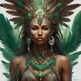 Visionary painting of an alluring mystical tribal goddess surrounded by feathers and emerald gemstones, 8k, Highly Detailed, Intricate, Artstation, Matte Painting, Sharp Focus, Volumetric Lighting, Concept Art by Stanley Artgerm Lau, Greg Rutkowski