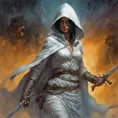 White hooded female assassin emerging from the fog of war, Highly Detailed, Vibrant Colors, Ink Art, Fantasy, Dark by Alex Horley