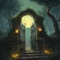 A beautiful digital illustration painting of a detailed gothic fantasy fireflies forest trees and iron gate cobblestone pathway vines full moon, 8k, Artstation, Digital Illustration, Concept Art by Justin Gerard, James Gurney