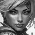 Grayscale matte portrait of a beautiful female ninja with tattoos, 4k, Highly Detailed, Powerful, Alluring, Artstation, Magical, Digital Painting, Photo Realistic, Sharp Focus, Volumetric Lighting, Concept Art by Stanley Artgerm Lau, Alphonse Mucha, Greg Rutkowski