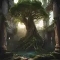 A Tree Of Life growing in the middle of overgrown ancient ruins indoors., 4k resolution, Hyper Detailed, Trending on Artstation, Volumetric Lighting, Concept Art, Digital Art, Fantasy, Dark by Greg Rutkowski