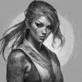 Grayscale matte portrait of a beautiful female ninja with tattoos, 4k, Highly Detailed, Powerful, Alluring, Artstation, Magical, Digital Painting, Photo Realistic, Sharp Focus, Volumetric Lighting, Concept Art by Stanley Artgerm Lau, Alphonse Mucha, Greg Rutkowski