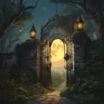 A beautiful digital illustration painting of a detailed gothic fantasy fireflies forest trees and iron gate cobblestone pathway vines full moon, 8k, Artstation, Digital Illustration, Concept Art by Justin Gerard, James Gurney