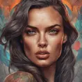 Colorful portrait of a tattooed Irina Shayk with a grey scale face, 4k, Highly Detailed, Hyper Detailed, Powerful, Artstation, Vintage Illustration, Digital Painting, Sharp Focus, Smooth, Concept Art by Stanley Artgerm Lau, Alphonse Mucha, Greg Rutkowski