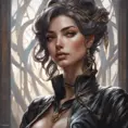 Alluring matte portrait of a beautiful Sona wearing black leather, 8k, Highly Detailed, Intricate, Half Body, Realistic, Sharp Focus, Volumetric Lighting, Fantasy, Elegant by Stanley Artgerm Lau, Alphonse Mucha, WLOP