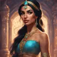 Alluring matte portrait of Princess Jasmine in the style of Stefan Kostic, 4k, 4k resolution, 8k, HD, High Definition, High Resolution, Highly Detailed, HQ, Hyper Detailed, Intricate Artwork, Ultra Detailed, Digital Painting, Matte Painting, Realistic, Sharp Focus, Dim light, Fantasy