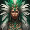 Visionary painting of an alluring mystical tribal goddess surrounded by feathers and emerald gemstones, 8k, Highly Detailed, Intricate, Artstation, Matte Painting, Sharp Focus, Volumetric Lighting, Concept Art by Stanley Artgerm Lau, Greg Rutkowski