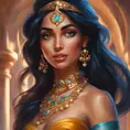 Alluring matte portrait of Princess Jasmine in the style of Stefan Kostic, 4k, 4k resolution, 8k, HD, High Definition, High Resolution, Highly Detailed, HQ, Hyper Detailed, Intricate Artwork, Ultra Detailed, Digital Painting, Matte Painting, Realistic, Sharp Focus, Dim light, Fantasy