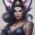 Matte portrait of Morgana from League of Legends with tattoos, 8k, Highly Detailed, Powerful, Alluring, Artstation, Magical, Digital Painting, Photo Realistic, Sharp Focus, Volumetric Lighting, Concept Art by Stanley Artgerm Lau, Alphonse Mucha, Greg Rutkowski