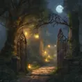 A beautiful digital illustration painting of a detailed gothic fantasy fireflies forest trees and iron gate cobblestone pathway vines full moon, 8k, Artstation, Digital Illustration, Concept Art by Justin Gerard, James Gurney