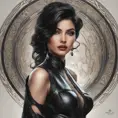 Alluring matte portrait of the beautiful goddess Selena in black leather in the style of Stefan Kostic, 8k, Highly Detailed, Intricate, Realistic, Sharp Focus, Volumetric Lighting, Fantasy, Elegant by Stanley Artgerm Lau, Alphonse Mucha, WLOP