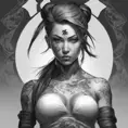 Grayscale matte portrait of a beautiful female ninja with tattoos, 4k, Highly Detailed, Powerful, Alluring, Artstation, Magical, Digital Painting, Photo Realistic, Sharp Focus, Volumetric Lighting, Concept Art by Stanley Artgerm Lau, Alphonse Mucha, Greg Rutkowski