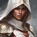 Alluring matte portrait of a fierce looking Kassandra in white Assassin's Creed armor, 8k, Highly Detailed, Intricate, Half Body, Realistic, Sharp Focus, Volumetric Lighting, Fantasy, Elegant by Stanley Artgerm Lau, Alphonse Mucha, WLOP