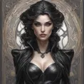 Alluring matte portrait of a beautiful Morgana wearing black leather, 8k, Highly Detailed, Intricate, Half Body, Realistic, Sharp Focus, Volumetric Lighting, Fantasy, Elegant by Stanley Artgerm Lau, Alphonse Mucha, WLOP