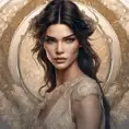 Alluring matte portrait of a beautiful Kendall Jenner, 8k, Highly Detailed, Intricate, Half Body, Realistic, Sharp Focus, Volumetric Lighting, Fantasy, Elegant by Alphonse Mucha