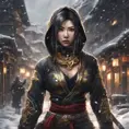 Mysterious beautiful armed kunoichi ninja wearing eyeliner and gold jewelry in the streets of a dark snowy town, 8k, Intricate Details, Trending on Artstation, Beautiful, Stunning, Centered by Stanley Artgerm Lau, WLOP