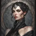 Alluring matte portrait of a beautiful Morgana wearing black leather, 8k, Highly Detailed, Intricate, Half Body, Realistic, Sharp Focus, Volumetric Lighting, Fantasy, Elegant by Stanley Artgerm Lau, Alphonse Mucha, WLOP