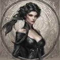 Alluring matte portrait of a beautiful Morgana wearing black leather, 8k, Highly Detailed, Intricate, Half Body, Realistic, Sharp Focus, Volumetric Lighting, Fantasy, Elegant by Stanley Artgerm Lau, Alphonse Mucha, WLOP