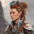 Steampunk portrait of Aloy from Horizon Zero Dawn, Highly Detailed, Intricate, Artstation, Beautiful, Digital Painting, Sharp Focus, Concept Art, Elegant