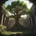 A Tree Of Life growing in the middle of overgrown ancient ruins indoors., 4k resolution, Hyper Detailed, Trending on Artstation, Volumetric Lighting, Concept Art, Digital Art, Fantasy, Dark by Greg Rutkowski