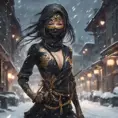 Alluring portrait of a mysterious beautiful masked kunoichi ninja wearing eyeliner and gold jewelry in the streets of a dark snowy town in moscow, fluid motion, 8k, Intricate Details, Trending on Artstation, Beautiful, Stunning by Stanley Artgerm Lau, WLOP