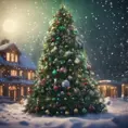 A large green christamas tree in snow lit full of christmas decorations, 8k, Highly Detailed, Digital Painting, Photo Realistic, Sharp Focus, Octane Render, Unreal Engine, Volumetric Lighting