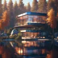 Beautiful futuristic architectural glass house in the forest on a large lake, 8k, Award-Winning, Highly Detailed, Beautiful, Epic, Octane Render, Unreal Engine, Radiant, Volumetric Lighting by Leonid Afremov