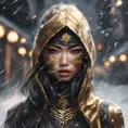 Alluring portrait of a mysterious beautiful masked kunoichi ninja wearing eyeliner and gold jewelry in the streets of a dark snowy town in moscow, fluid motion, 8k, Intricate Details, Trending on Artstation, Beautiful, Stunning by Stanley Artgerm Lau, WLOP