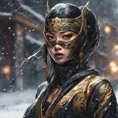 Alluring portrait of a mysterious beautiful masked kunoichi ninja wearing eyeliner and gold jewelry in the streets of a dark snowy town in moscow, fluid motion, 8k, Intricate Details, Trending on Artstation, Beautiful, Stunning by Stanley Artgerm Lau, WLOP