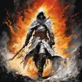 White Assassin emerging from a firey fog of battle, ink splash, Highly Detailed, Vibrant Colors, Ink Art, Fantasy, Dark by Vincent Di Fate