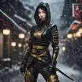 Mysterious beautiful armed kunoichi ninja wearing black leather and gold in the streets of dark snowy tokyo, 8k, Intricate Details, Trending on Artstation, Beautiful, Stunning, Centered by Stanley Artgerm Lau, WLOP