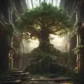 A Tree Of Life growing in the middle of overgrown ancient ruins indoors., 4k resolution, Hyper Detailed, Trending on Artstation, Volumetric Lighting, Concept Art, Digital Art, Fantasy, Dark by Greg Rutkowski