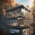 Beautiful futuristic architectural glass house in the forest on a large lake, 8k, Award-Winning, Highly Detailed, Beautiful, Epic, Octane Render, Unreal Engine, Radiant, Volumetric Lighting by Leonid Afremov