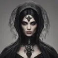 Alluring portrait of a beautiful raven black-haired veiled & caped vampire with sharp features and piercing eyes in the style of Stefan Kostic, 8k, High Definition, Highly Detailed, Intricate, Half Body, Realistic, Sharp Focus, Fantasy, Elegant