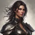 Alluring matte full body portrait of a beautiful Kassandra wearing black leather, 8k, Highly Detailed, Intricate, Realistic, Sharp Focus, Volumetric Lighting, Fantasy, Elegant by Stanley Artgerm Lau, WLOP