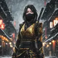 Mysterious beautiful armed kunoichi ninja wearing black and gold in the streets of dark snowy tokyo, 8k, Intricate Details, Trending on Artstation, Beautiful, Stunning, Centered by Stanley Artgerm Lau, WLOP