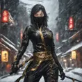 Mysterious beautiful armed kunoichi ninja wearing black leather and gold in the streets of dark snowy tokyo, 8k, Intricate Details, Trending on Artstation, Beautiful, Stunning, Centered by Stanley Artgerm Lau, WLOP