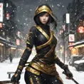 Mysterious beautiful armed kunoichi ninja wearing black and gold in the streets of dark snowy tokyo, 8k, Intricate Details, Trending on Artstation, Beautiful, Stunning, Centered by Stanley Artgerm Lau, WLOP