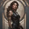 Alluring matte portrait of a beautiful Kassandra wearing black leather, 8k, Highly Detailed, Intricate, Half Body, Realistic, Sharp Focus, Volumetric Lighting, Fantasy, Elegant by Stanley Artgerm Lau, Alphonse Mucha, WLOP