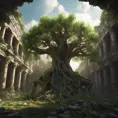 A Tree Of Life growing in the middle of overgrown ancient ruins indoors., 4k resolution, Hyper Detailed, Trending on Artstation, Volumetric Lighting, Concept Art, Digital Art, Fantasy, Dark by Greg Rutkowski