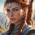 Alluring highly detailed matte portrait of a beautiful Aloy in the hills in the style of Stefan Kostic, 8k, High Definition, Highly Detailed, Intricate, Half Body, Realistic, Sharp Focus, Fantasy, Elegant