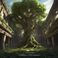 A Tree Of Life growing in the middle of overgrown ancient ruins indoors., 4k resolution, Hyper Detailed, Trending on Artstation, Volumetric Lighting, Concept Art, Digital Art, Fantasy, Dark by Greg Rutkowski