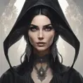 Alluring portrait of a beautiful gothic black haired caped witch in the style of Stefan Kostic, 8k, High Definition, Highly Detailed, Intricate, Half Body, Realistic, Sharp Focus, Fantasy, Elegant