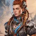 Steampunk portrait of Aloy from Horizon Zero Dawn, Highly Detailed, Intricate, Artstation, Beautiful, Digital Painting, Sharp Focus, Concept Art, Elegant