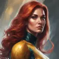 Alluring matte portrait of a beautiful Jean Grey from X-Men, 8k, Highly Detailed, Intricate, Half Body, Realistic, Sharp Focus, Volumetric Lighting, Fantasy, Elegant by Stanley Artgerm Lau